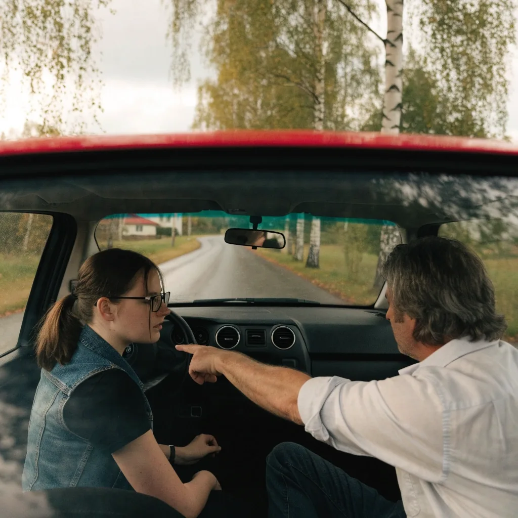 Ajaopetustilanne autokoulun autossa rauhallisella asuinkadulla