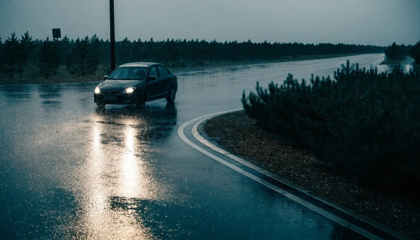 Ajo-opetusauto sateisella tiellä hämärässä