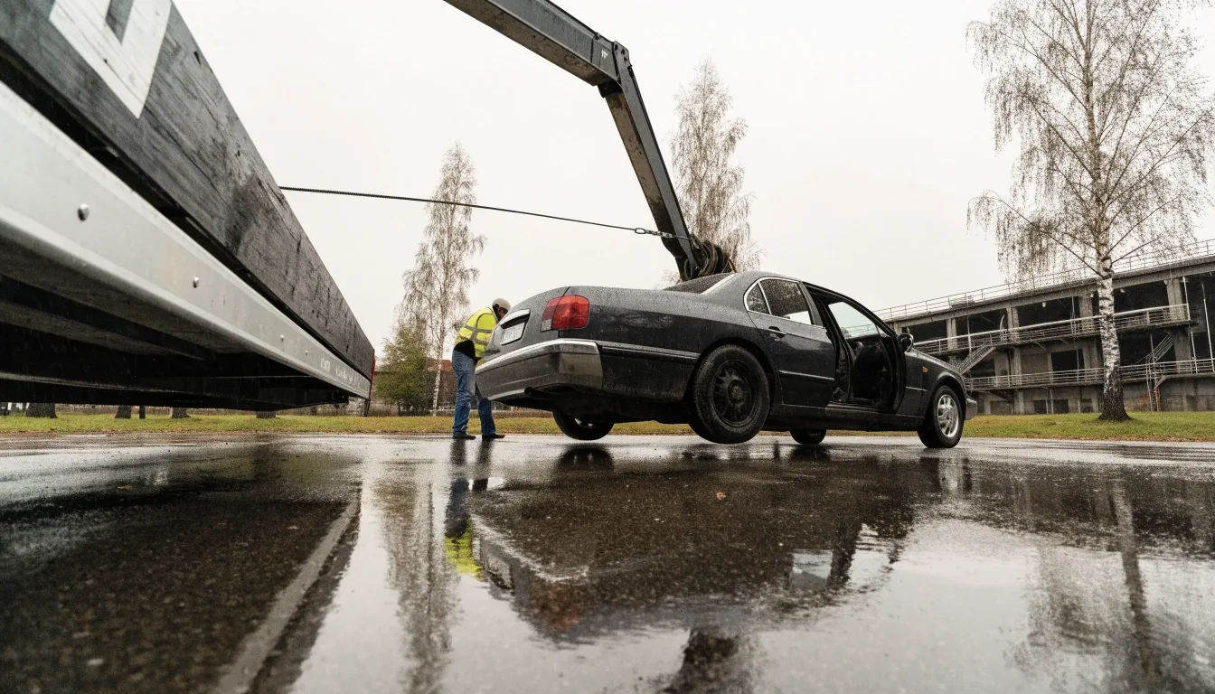 Tuontiauto puretaan kuljetuslavetilta suomalaisella pihalla